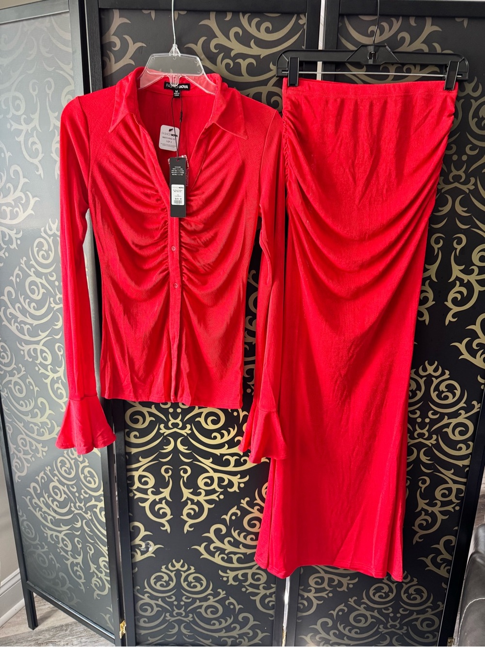 Fashion Nova Vibrant Red Ruched Maxi Skirt Set